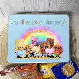 Character Biscuit Tin with a Classic Watercolour Rainbow Background. Available in Pastel Colours as well. Fully Personalised exactly the way you would like it! These Large Hinged Biscuit Tins are our most popular seller....