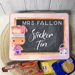Character Paint Brush and Paint Pot Biscuit Tin with a Classic Watercolour Background. Available in 3 Different Colours as well. Fully Personalised exactly the way you would like it! These Large Hinged Biscuit Tins are our most popular seller....