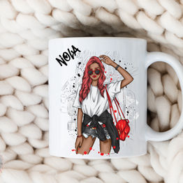 Sasha Fashion Girl White Mug. This trendy teenager/young person depicted is an artistic illustration of a young girl in cut down jean shorts and white oversized tucked in tshirt holding a red shoulder bag in a market street.