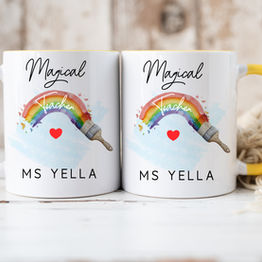 Painted Rainbow Yellow & White Mug. This artistic interpretation of a rainbow being painted with a paint brush can have so many meanings and make the perfect gift for any occasion. Fully personalised.