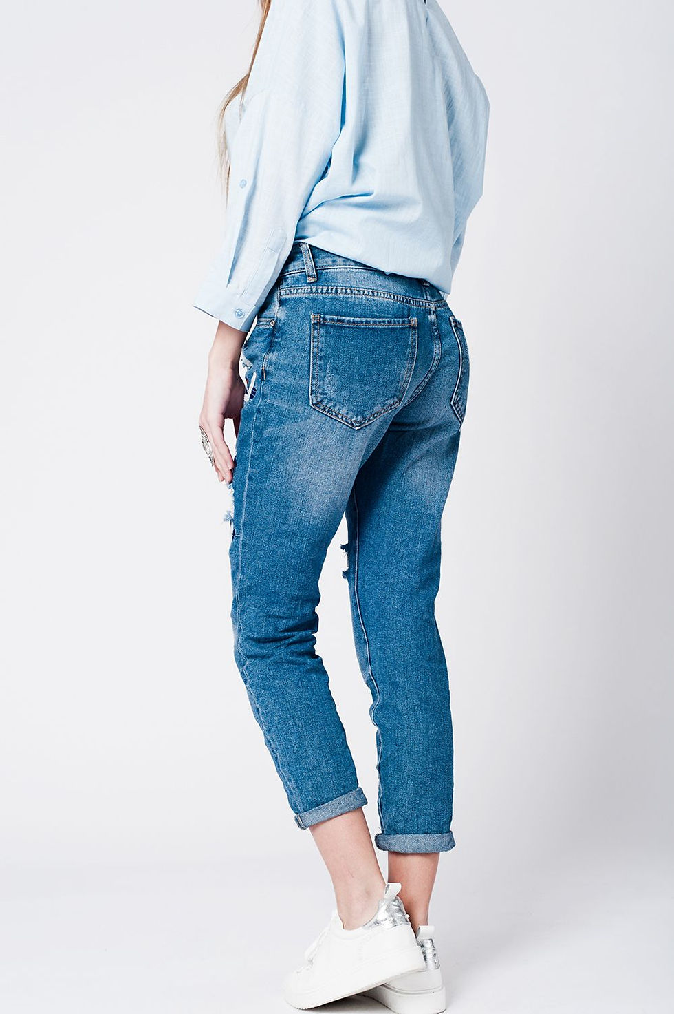 Thumbnail: Blue Wash Mom Jeans Bird Embroidery