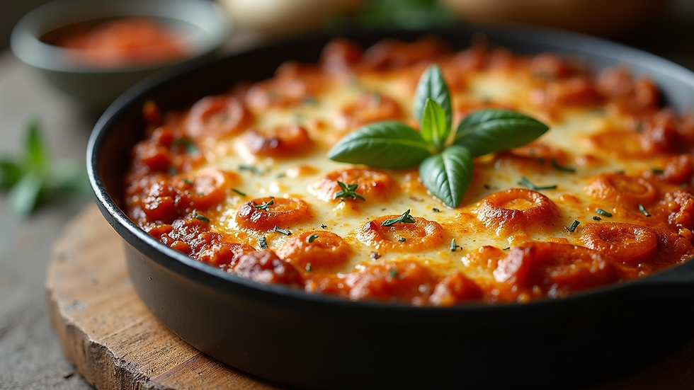 Eye-level view of a baked moussaka dish