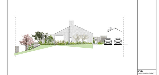 Elevationsritning över del av trädgård, hus, garage, växter.