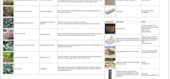 Lista med växt- och materialförslag för trädgårdsdesign