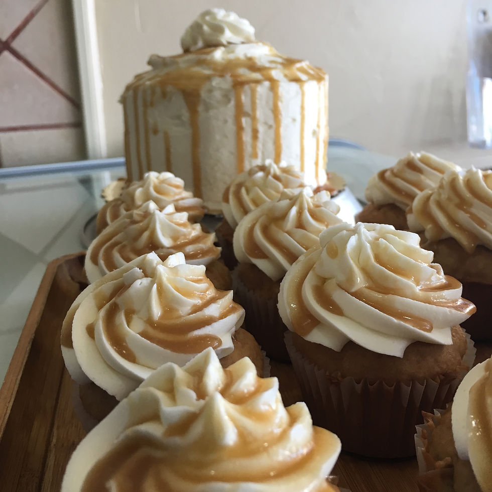 Banana Fosters cake with caramel cream icing and salted caramel drizzle