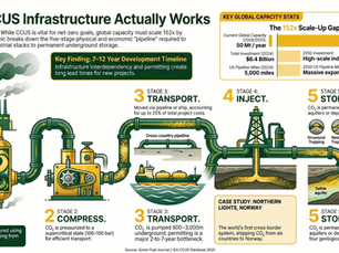 How CCUS Infrastructure Works — A 5-stage flow diagram showing carbon capture, compression, CO₂ pipeline transport, geological injection, and permanent underground storage, with cost data, key statistics, and the Northern Lights Norway case study. Published by Green Fuel Journal.