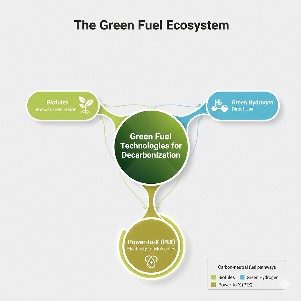 Diagram titled The Green Fuel Ecosystem, featuring Biofuels, Green Hydrogen, and Power-to-X (PTX) as paths in green, blue, and yellow.