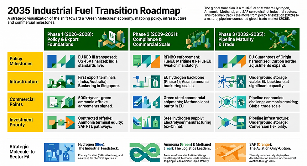 Infographic titled 2035 Industrial Fuel Transition Roadmap, showing three green phases, policy, infrastructure, and trade milestones.