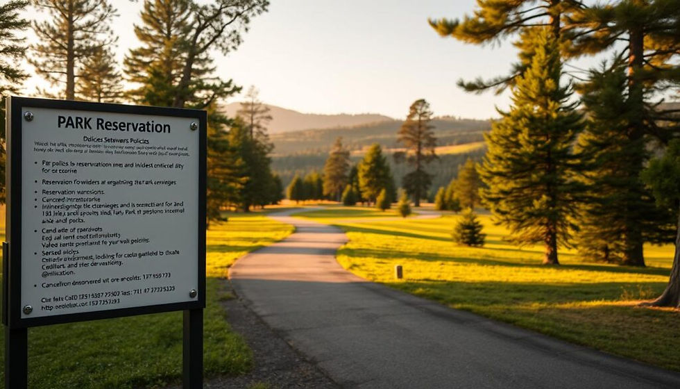 A serene park scene at golden hour, with a prominently displayed park reservation signage board in the foreground. The board showcases detailed policies, guidelines, and requirements for making park reservations, including reservation windows, cancellation policies, and contact information. The middle ground features a winding path leading into a lush, verdant landscape of towering pine trees and rolling hills. Soft, diffused lighting casts a warm, inviting glow over the entire scene, creating a sense of tranquility and natural beauty. The camera angle is slightly elevated, providing a comprehensive view of the reservation board and the scenic park environment beyond.