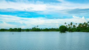 Sunset over calm water with a dirt dike, palm trees, and a blue-orange sky, creating a peaceful scene. Kadamakkudy