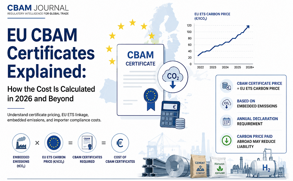 Infographic on EU CBAM certificates, showing a price chart, certificate icon, calculator, and industrial goods with explanatory text.