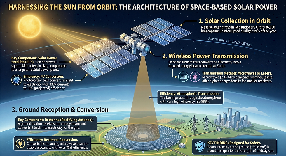 Diagram of Space-Based Solar Power architecture illustrating orbital solar arrays, wireless power transmission to Earth, and ground rectenna receiving stations for renewable energy delivery.