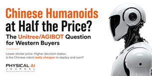 Poster with white humanoid robot and headline Chinese Humanoids at Half the Price? about Unitree/AGIBOT buyers.