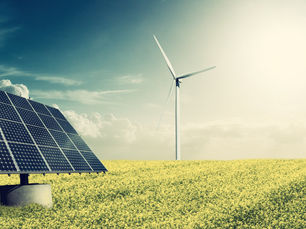 AI powered Solar panels and a wind turbine stand in a vast field of yellow flowers under a partly cloudy sky, symbolizing renewable energy.