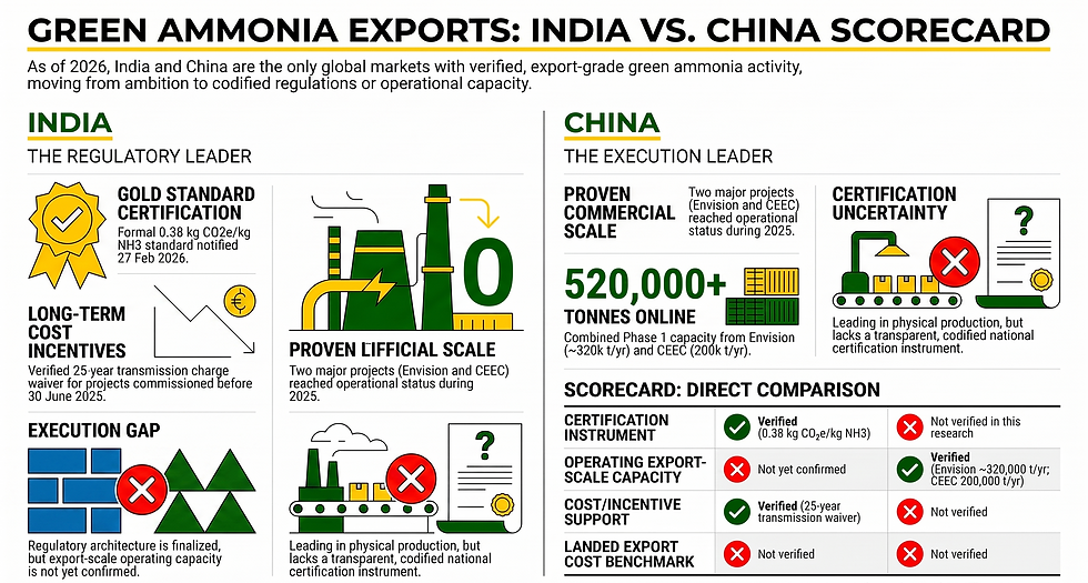 Infographic comparing India and China on green ammonia exports, with icons, scorecard, verified capacity, and certification status.