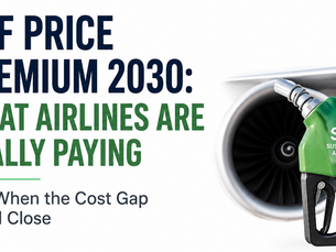 SAF Price Premium 2030 beside airplane engine and green SAF fuel nozzle labeled Sustainable Aviation Fuel.
