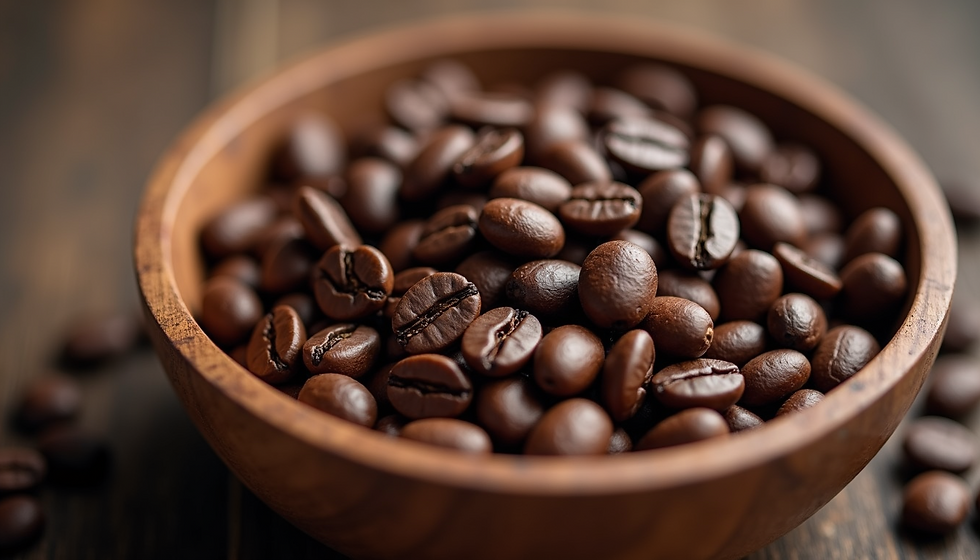 Close-up view of roasted coffee beans in a wooden bowl