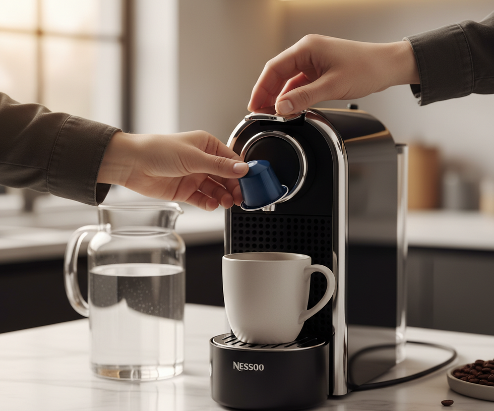 A close-up shot of hands placing a coffee pod into a sleek, modern capsule coffee machine, with a coffee cup ready on the drip tray. The machine is on a clean kitchen counter.