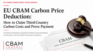 CBAM Journal cover with gavel and CBAM papers; headline on EU CBAM carbon price deduction and third-country carbon costs, white background