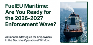 Poster with cargo ship at sea and large text: FuelEU Maritime: Are You Ready for the 2026-2027 Enforcement Wave?