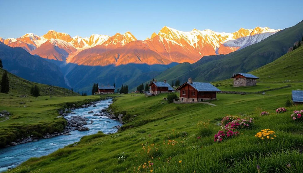 A picturesque Himalayan landscape in the golden hour, showcasing the verdant meadows and snow-capped peaks of Tirthan Valley. The foreground features a winding mountain stream with crystal-clear waters, surrounded by lush green foliage and vibrant wildflowers. In the middle ground, traditional wooden cottages and stone structures nestle amidst the rolling hills, bathed in warm, soft lighting. The background is dominated by majestic, rugged mountains that rise majestically, their summits kissed by the setting sun. The scene evokes a sense of tranquility, adventure, and the timeless allure of the Himalayas, capturing the essence of the best time to visit Tirthan Valley.