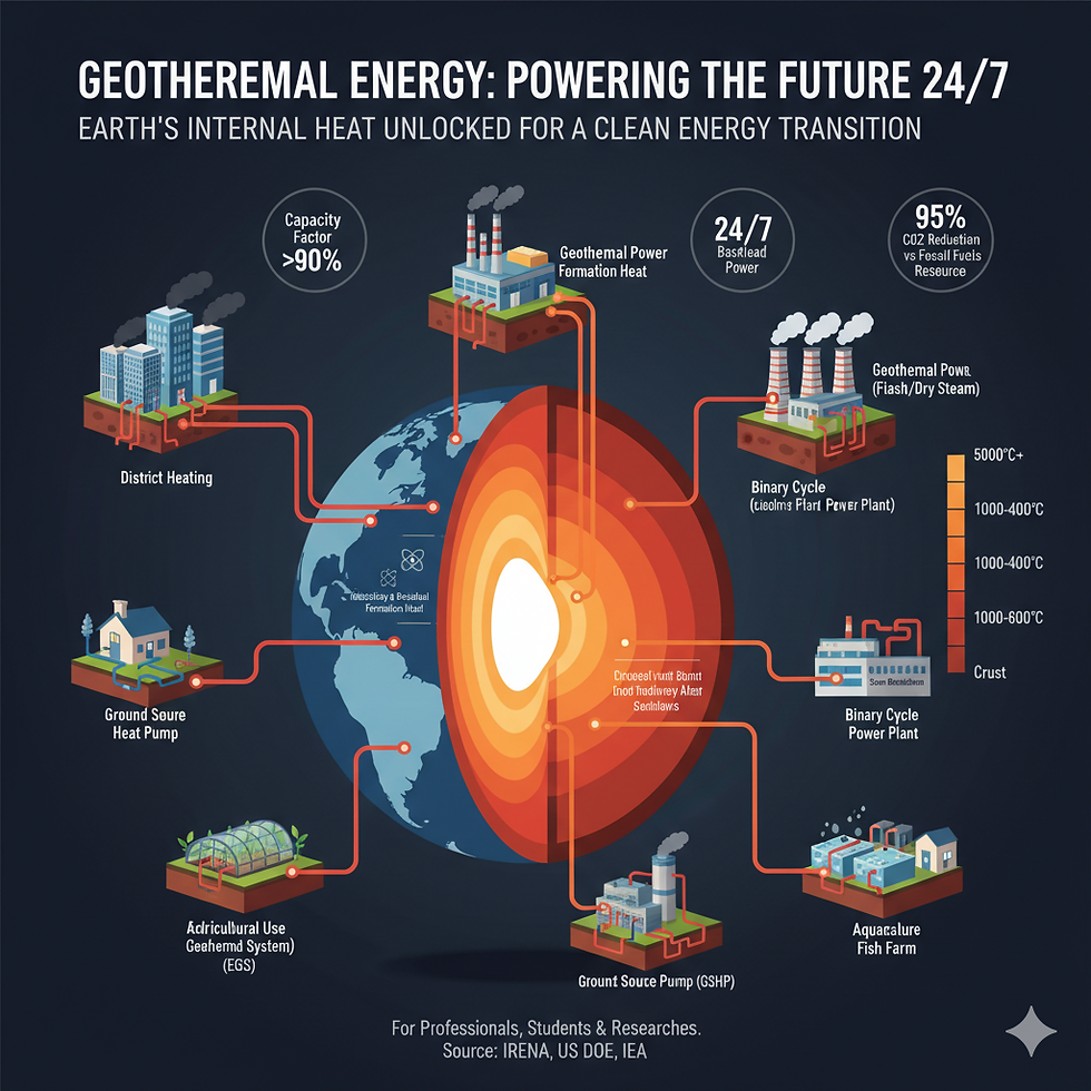 infographic showing Earth's cross-section with heat gradient visualization and surface applications.