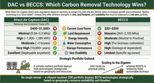 DAC vs BECCS comparison chart showing cost, land use, water, energy intensity, and storage permanence for both carbon removal technologies.