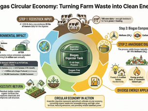 Circular flow diagram illustrating biogas production cycle: 80 lbs daily cow manure input, anaerobic digestion process, biogas output (50-70% methane), energy applications powering 2.4M homes, digestate fertilizer return, and environmental benefits equivalent to removing 2.6M cars from roads