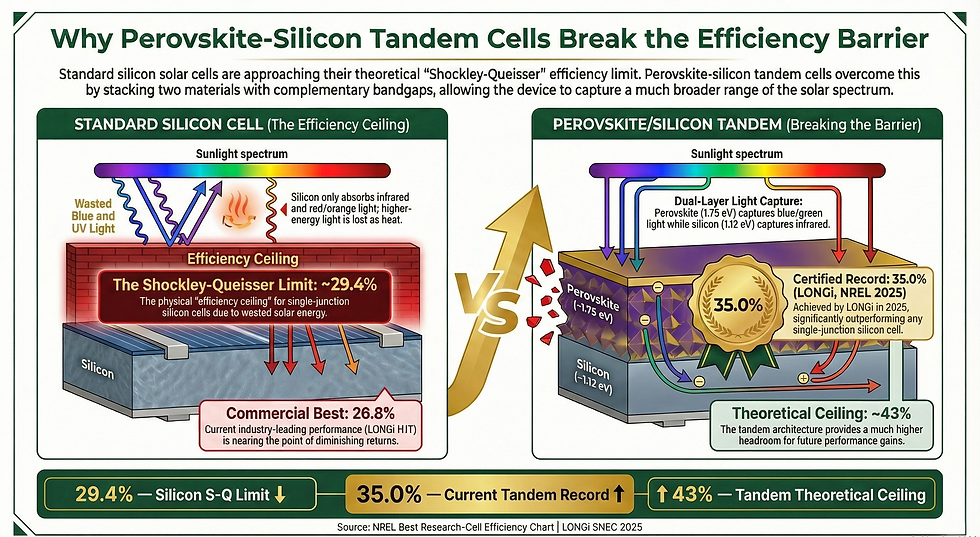 Side-by-side diagram comparing standard silicon solar cell vs perovskite-silicon tandem cell, showing how tandem architecture exceeds the 29.4% Shockley-Queisser limit to reach 35% efficiency.