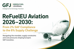 Green Fuel Journal cover with white jet, titled ReFuelEU Aviation 2026–2030 and subtitle on SAF compliance and supply challenge.