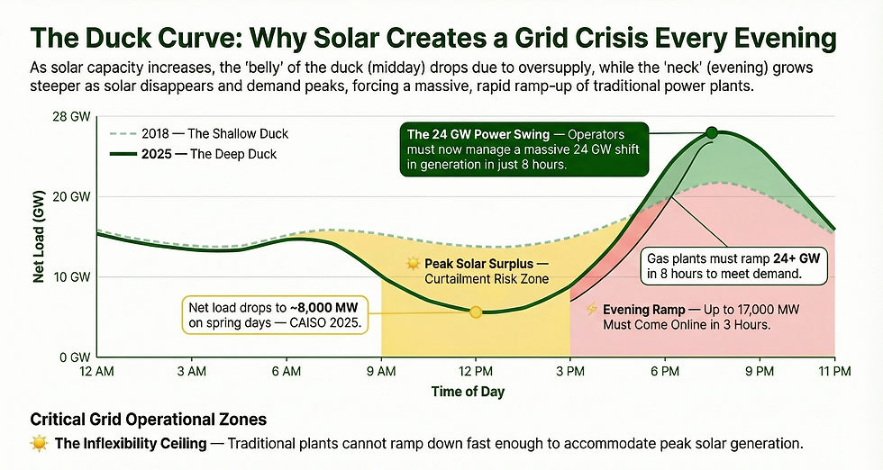 Duck curve diagram comparing California CAISO net load in 2018 versus 2025, showing deepening midday solar surplus and steep evening demand ramp requiring rapid grid response.
