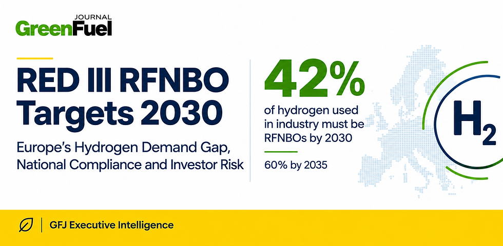 Green Fuel Journal infographic: RED III RFNBO Targets 2030, 42% hydrogen use by 2030, 60% by 2035, with EU map and H2 icon.