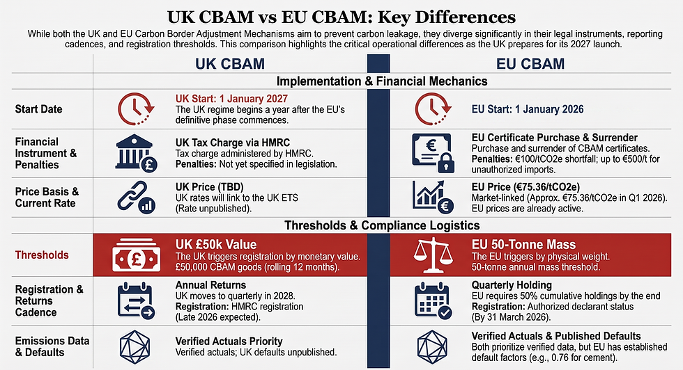 Infographic comparing UK CBAM vs EU CBAM, with dates, penalties, thresholds, and registration rules in blue and red sections.