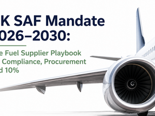 UK SAF Mandate 2026-2030 cover with airplane engine and wing; text reads The Fuel Supplier Playbook for Compliance, Procurement and 10%