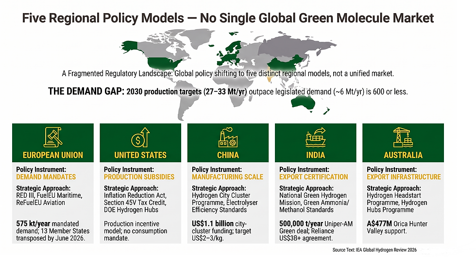 Infographic world map showing five regional green molecule policy models: EU, US, China, India, and Australia, with demand-gap text.