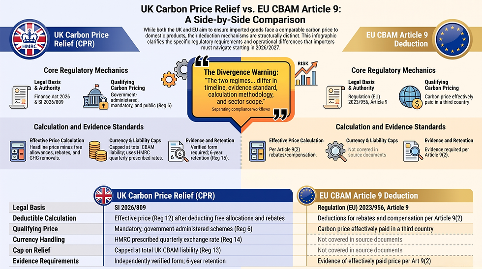 Infographic comparing UK Carbon Price Relief and EU CBAM Article 9 deduction, with charts, icons, and a warning callout.