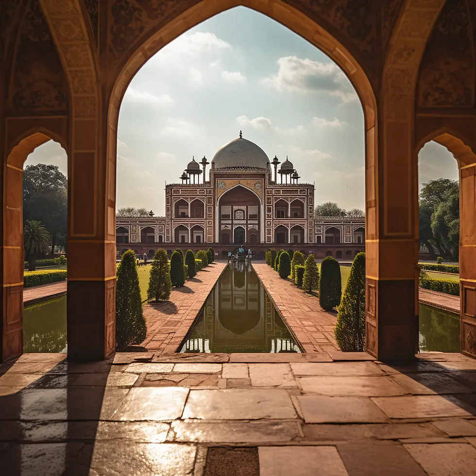 Humayun's Tomb, Mughal-style mausoleum framed by an ornate archway, with a reflecting pool and trimmed hedges under a bright sky.