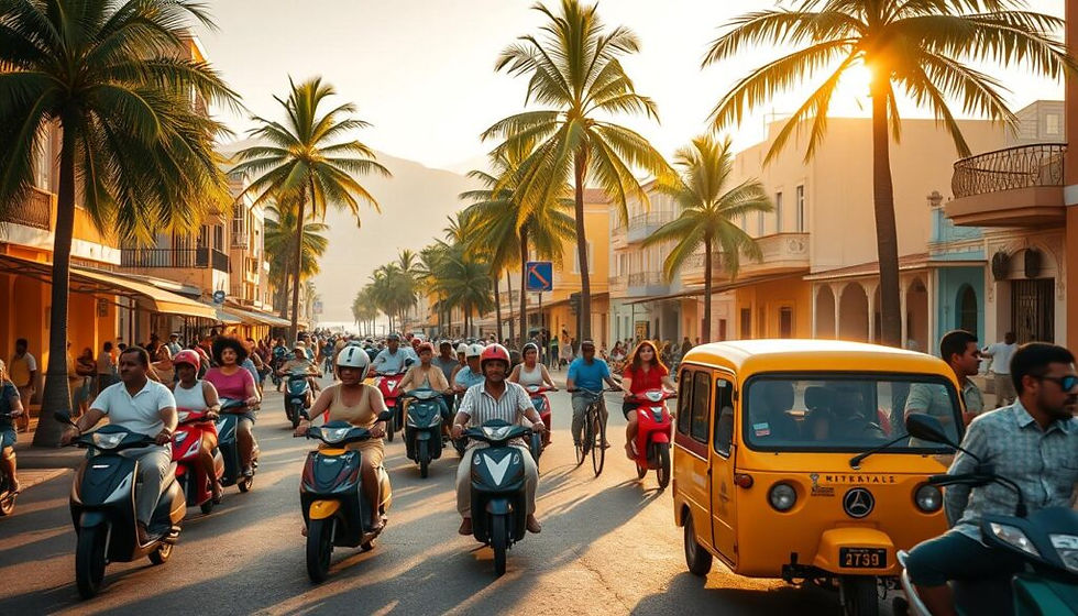 A bustling street in a seaside town in Cabo Verde, with colorful buildings and palm trees lining the sidewalks. In the foreground, a group of locals and tourists navigate a variety of transportation options - from traditional mopeds and bicycles to small, brightly painted taxis. The scene is bathed in warm, golden afternoon light, creating a vibrant, lively atmosphere that captures the essence of this tropical island nation. The image should convey a sense of movement and energy, showcasing the diverse and efficient transportation network that helps visitors explore the stunning landscapes and unique culture of Cabo Verde.