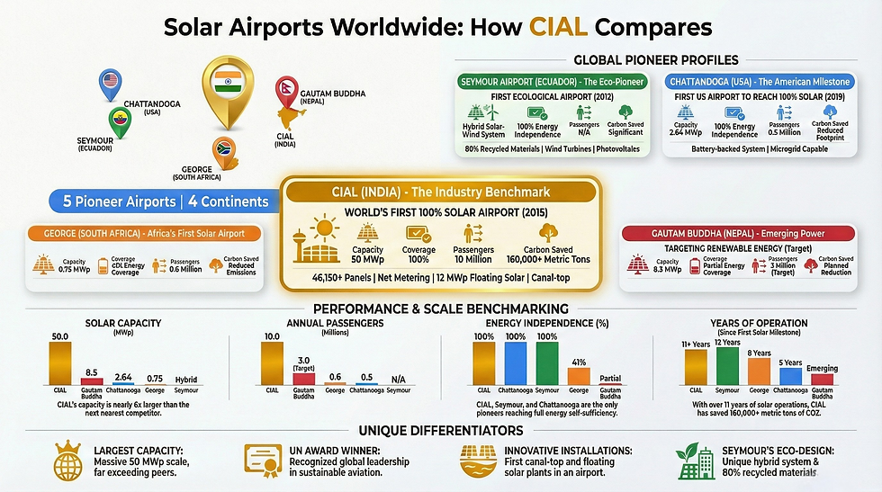 World map and detailed comparison of 5 solar airports: CIAL India (50 MWp, 100%), Seymour Galapagos (renewable mix), George South Africa (750 kWp, 41%), Chattanooga USA (2.64 MWp, 100%), and Gautam Buddha Nepal (8.5 MWp)