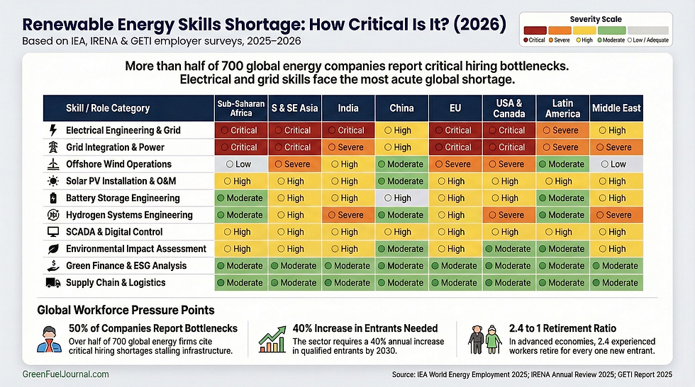 Heat map matrix showing renewable energy skills shortage severity by role category and world region in 2026, with electrical engineering and grid integration marked critical globally. Source: IEA IRENA GETI 2025.