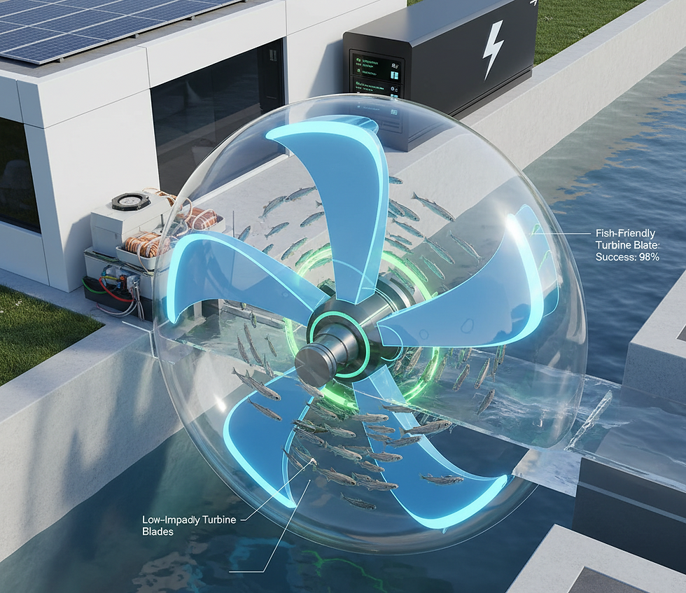 A conceptual diagram of an innovative, fish-friendly hydropower turbine with transparent casing, showing fish swimming safely through.