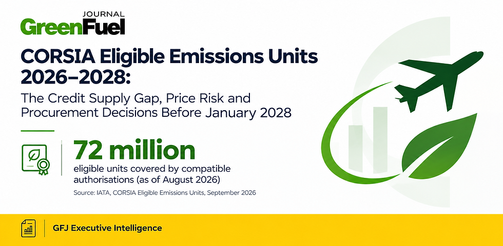 GreenFuel Journal cover on CORSIA Eligible Emissions Units 2026-2028, highlighting 72 million and a green plane-and-leaf graphic