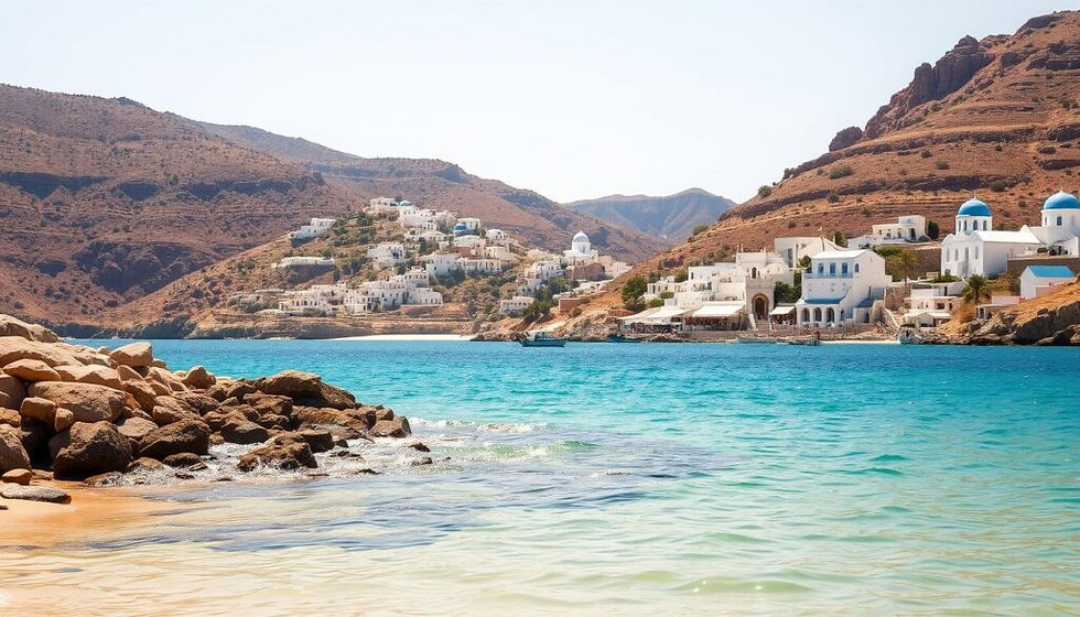 Sifnos beaches Aegean Sea coast, azure waters lapping against golden sand. In the foreground, sun-dappled rocks and small fishing boats bob gently. The middle ground features picturesque whitewashed villages cascading down the hillsides, their blue-domed churches shimmering in the warm Mediterranean light. The background showcases the rugged, mountainous terrain of the Cycladic islands, with sparse, scrubby vegetation framing the serene, endless expanse of the Aegean. Soft, diffused natural lighting creates a dreamlike, tranquil atmosphere, inviting the viewer to imagine themselves relaxing on these idyllic Greek shores.