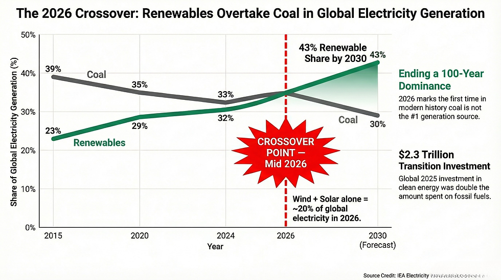 Renewables overtaking coal in global electricity generation at the 2026 crossover point