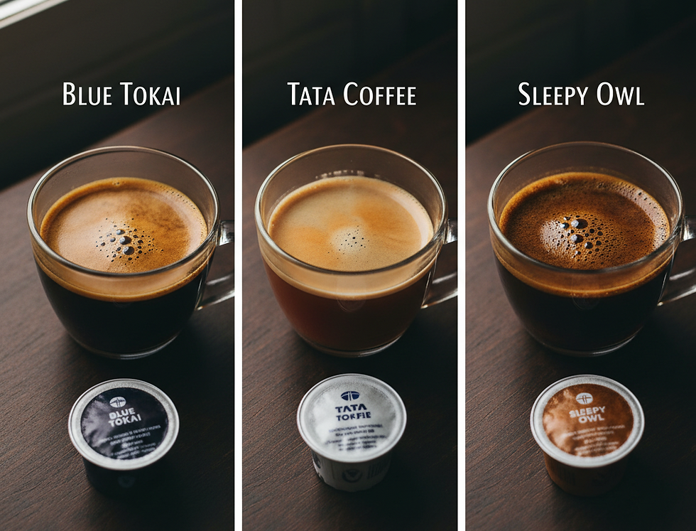 Comparison of three different coffee pods from Blue Tokai, Tata Coffee, and Sleepy Owl, showing the varying color and crema of the brewed coffee to help decide how to use coffee pods for different strengths.
