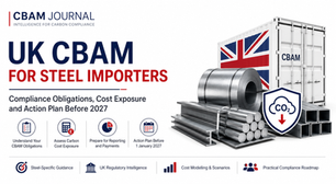 CBAM Journal cover: UK CBAM for steel importers, with UK-flag shipping container, steel coils and CO2 shield on white background.