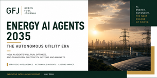 Report cover with solar panels, power lines, and sunset skyline; text reads GFJ Green Fuel Journal, Energy AI Agents 2035.