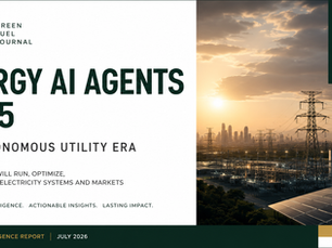 Report cover with solar panels, power lines, and sunset skyline; text reads GFJ Green Fuel Journal, Energy AI Agents 2035.