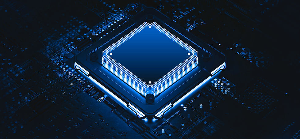 Close-up of a glowing blue computer chip on a circuit board. The setting is dark, highlighting intricate circuitry and a futuristic mood. Quantum Computers
