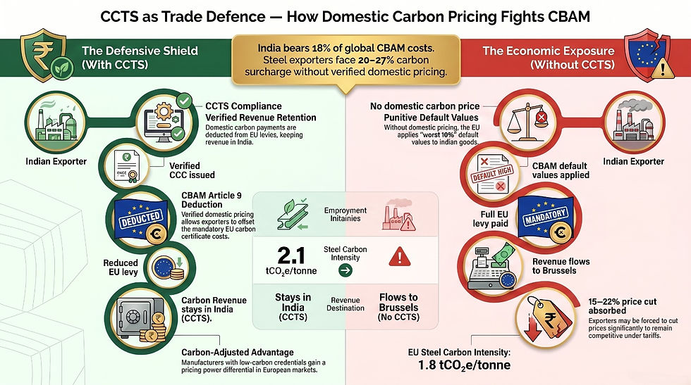 Comparison diagram showing CBAM cost impact on Indian exporters with and without CCTS domestic carbon pricing